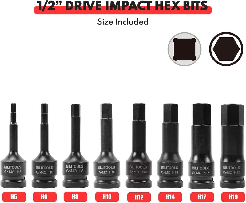 BILITOOLS 8-Piece Impact Hex Allen Bit Socket Set 1/2 inch Drive, H5-H19, Cr-Mo Steel - Image 4